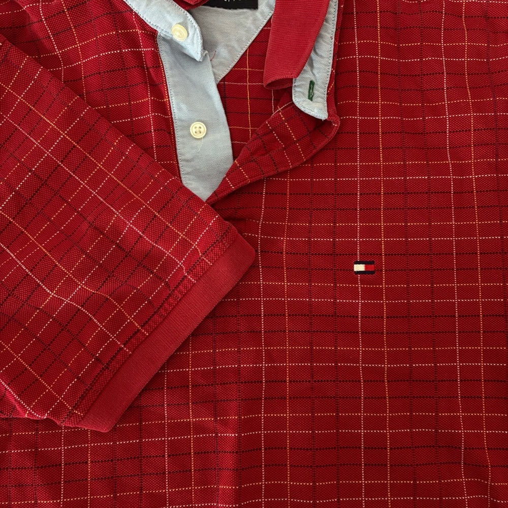 Vtg Tommy Hilfiger Mens Plaid Polo L 1/4 Button Down Cotton Short Sleeve Red